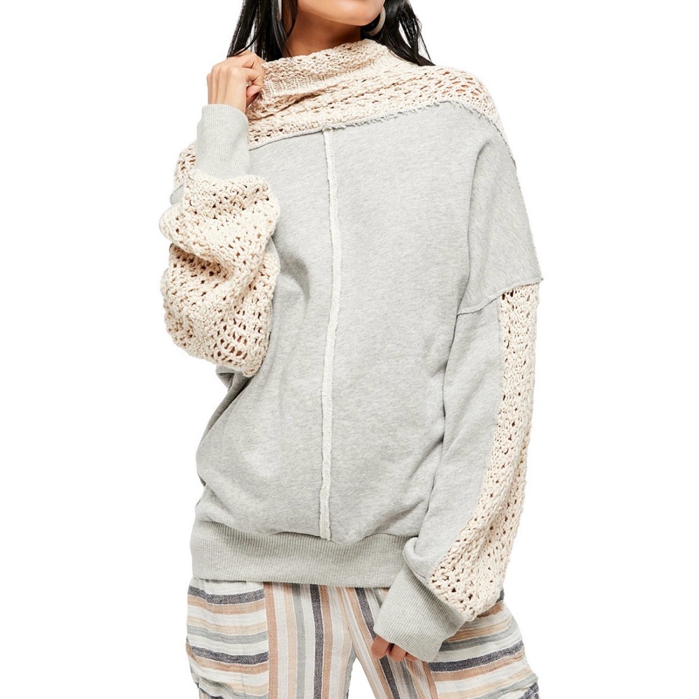 Free People Beach Bonfire Swit Cowl Neck Sweatshirt Sweater Crochet Sleeves